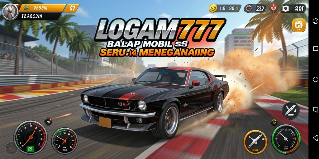 Screenshot LOGAM777 menampilkan aksi balapan mobil yang mendebarkan.